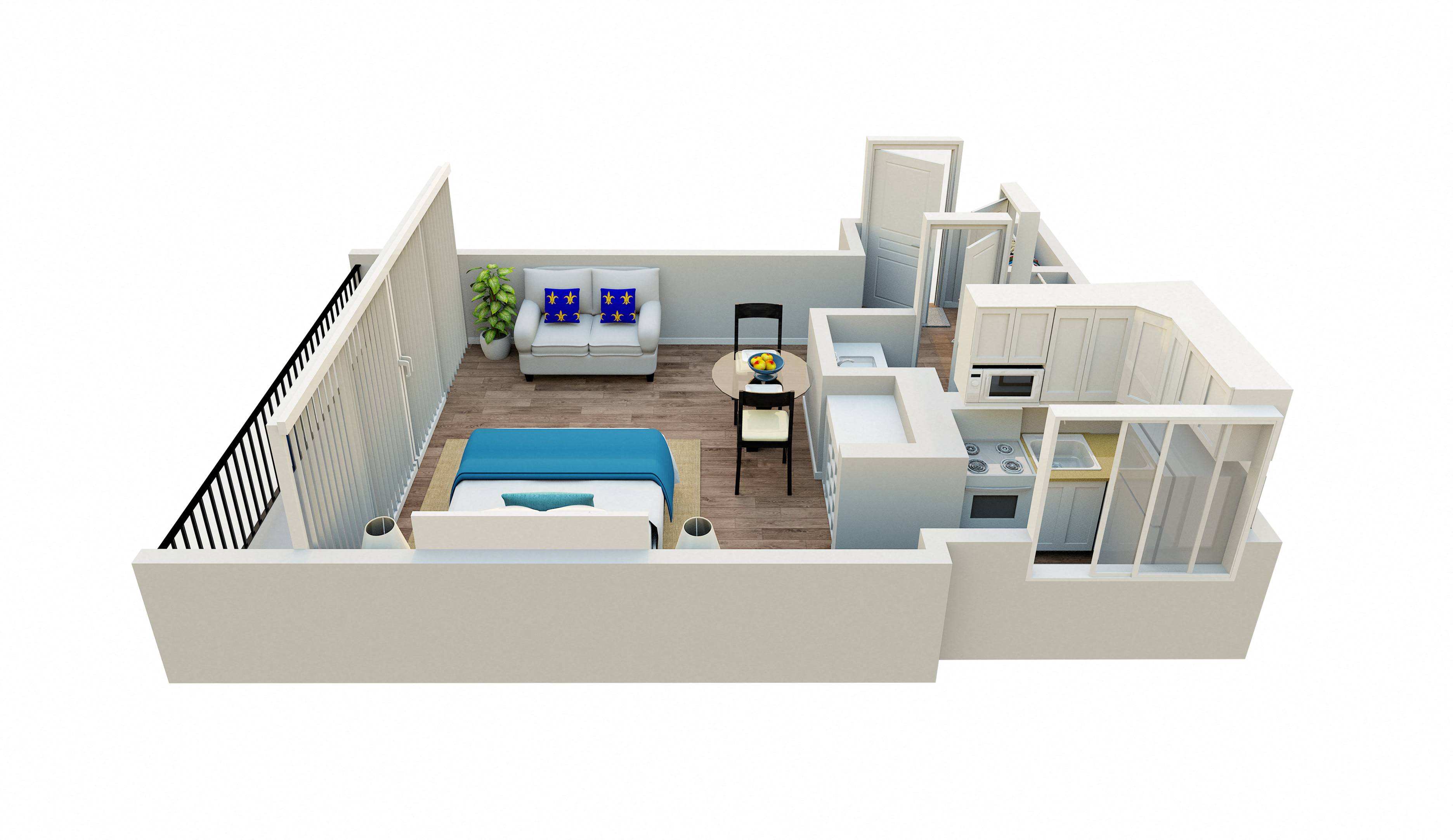 A top down view of a modern house with a balcony.